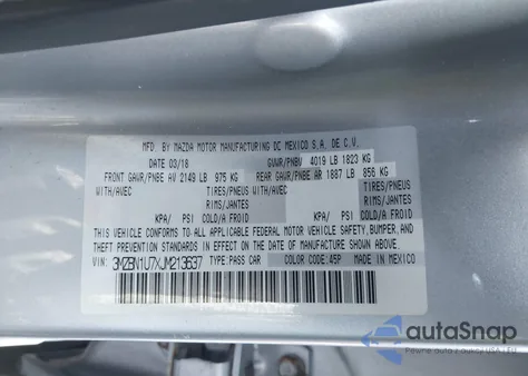 2018 Mazda Mazda3 Sport from USA, damaged, VIN 3MZBN1U7XJM213637